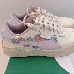 Puma Cali Embroidered Kids Cream and Purple Floral Sneakers